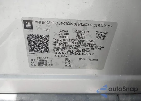 2019 Chevrolet Equinox Lt z USA, uszkodzony, nr VIN 3GNAXUEV5KL195019